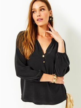 Lilly Pulitzer Elsa Silk Notch Neck Long Sleeve Half Button Blouse Black XL Chic